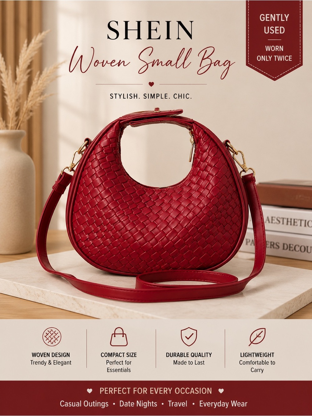 SHEIN Red Woven Crescent Shoulder Bag
